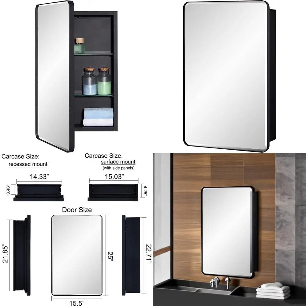 

Round Corner Framed Beveled Edge Mirror Medicine Cabinet, 15x25 Inch, Black Bathroom Cabinet for Recessed or Surface Mount