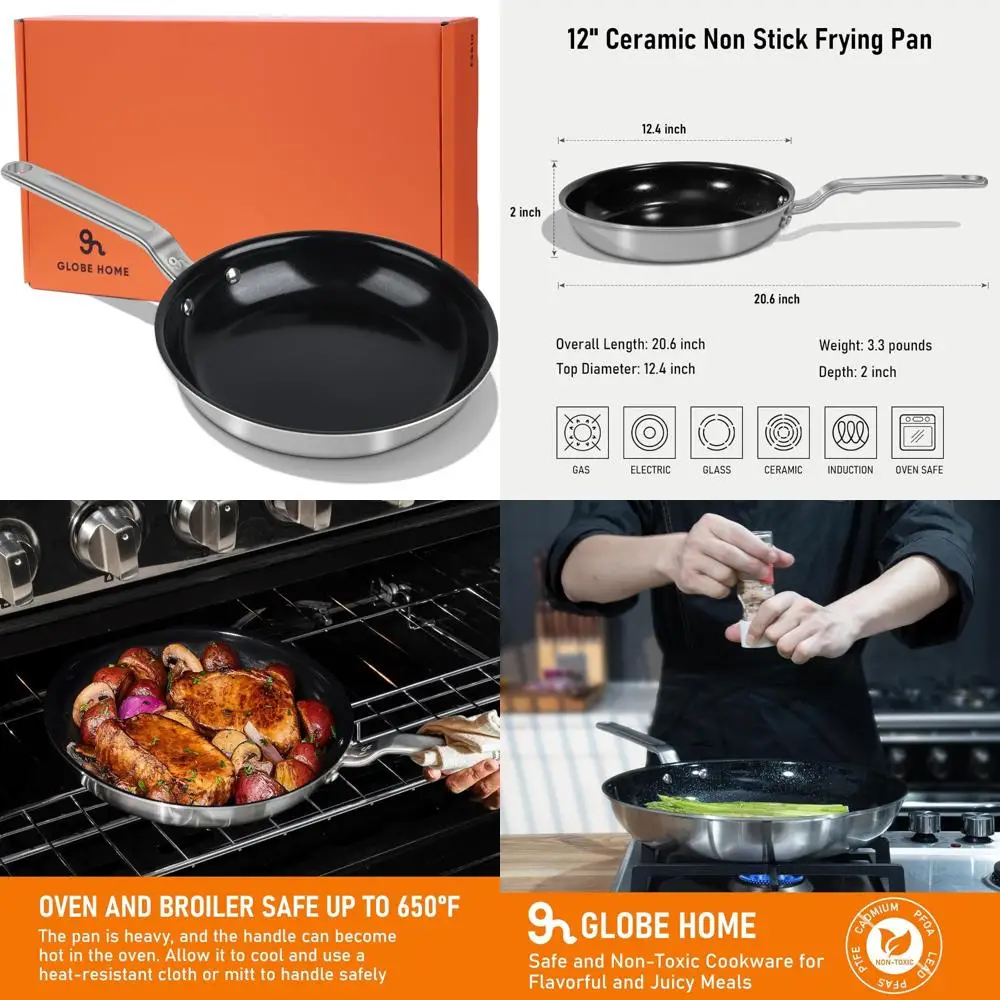 

12-дюймовая керамическая сковорода с антипригарным покрытием — 5-слойная нержавеющая сталь, профессиональная посуда, не содержит PTFE и PFOA, здоровое приготовление пищи.