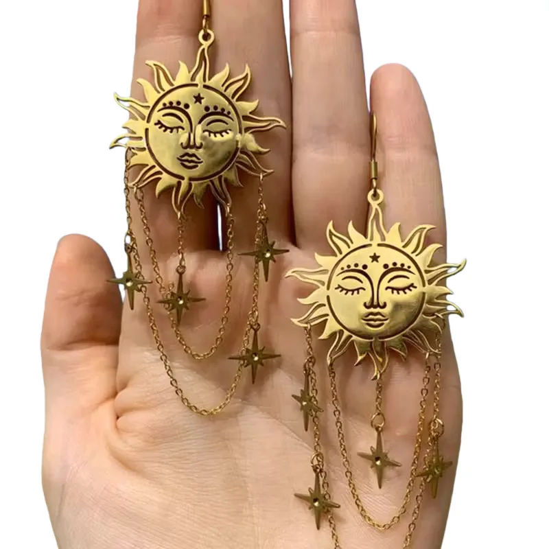 Fashionable Retro Sun Face Star Tassel Hollow Earrings Bohemian Fashion Copper and Gold Color Dangle Tassel Earrings