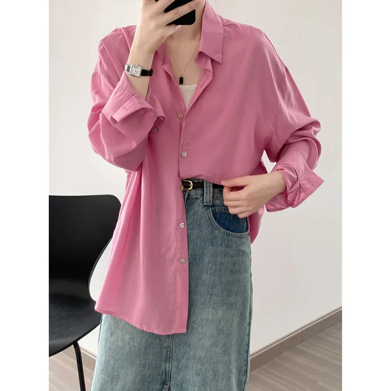 

Thin Lyocell Sunscreen Shirts Casual Women 2023 Spring Yellow Summer Polo Tops Light Loose Long-sleeved Shirt Pink Lazy Blouses