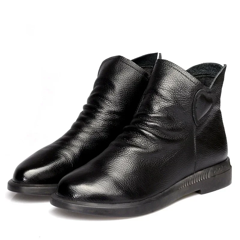 BEYARNE British Style Genuine Cow Leather Women Ankle Boots Autumn Fashion Pleated Side Zipper Short Boots Women Flats Shoes