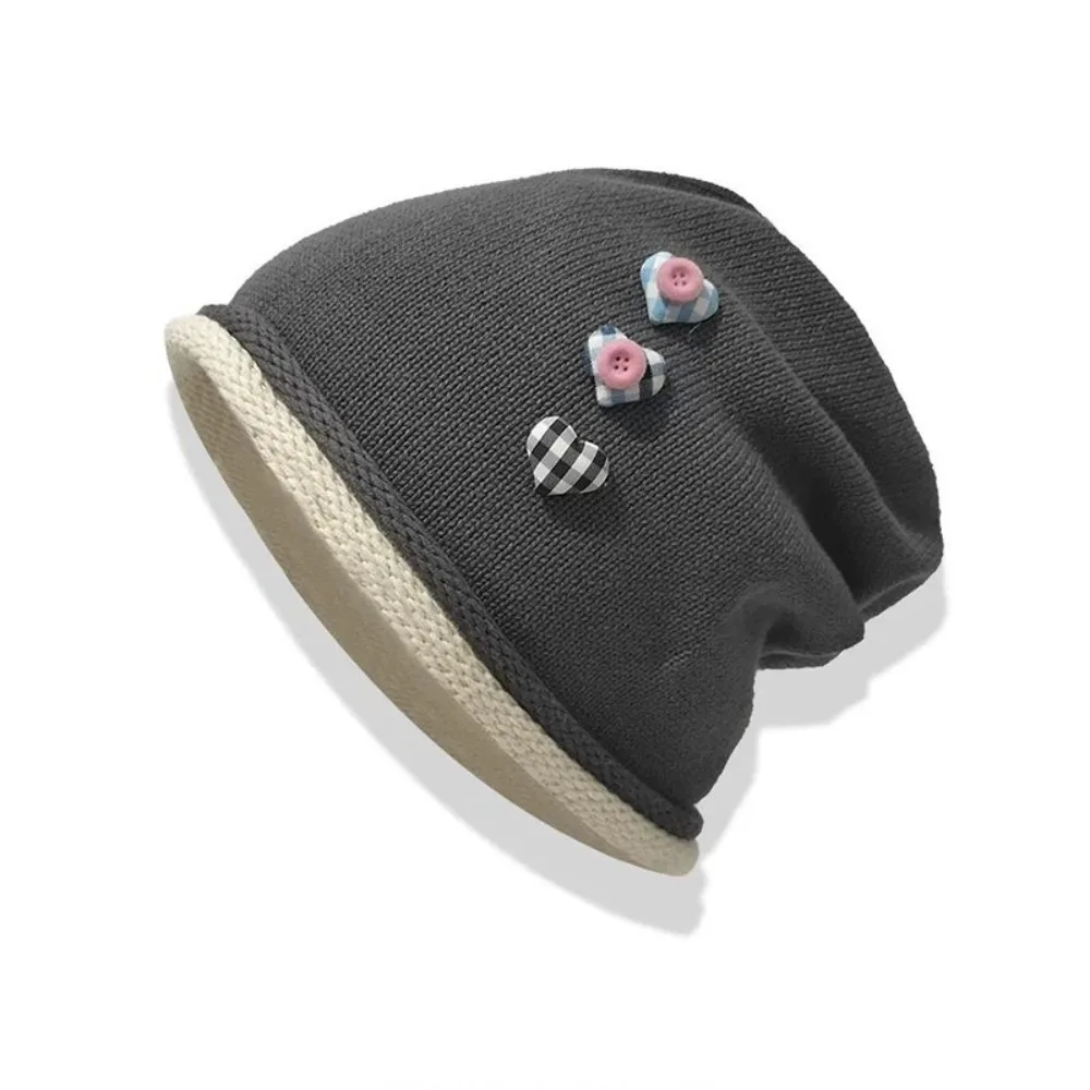 

Fashion Vintage Y2k Baggy Cap Heart Button Curl Brim Knitted Beanies Cap Loose Versatile Pullover Hats Streetwear