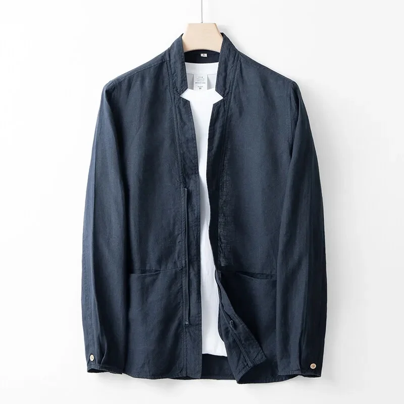 Japanese Style Men Linen Jacket Stand Collar Zip‑up Lightweight Breathable Coat