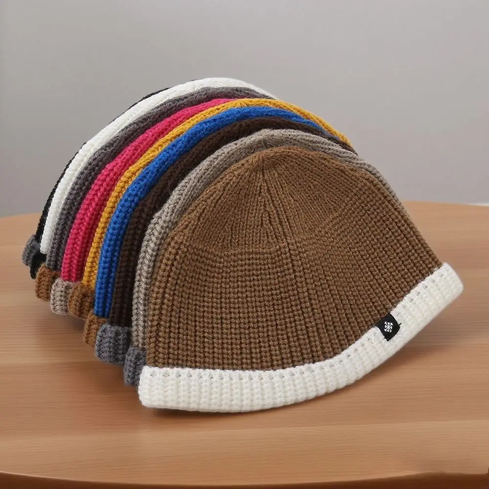 Durable Thickened Knitted Beanie Stretchy Fit Contrast Cuff Cuffed Beanie Wind Resistant Men's Beanie Winter Wear