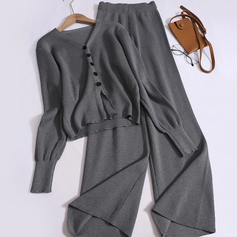 Fashion Pants Suit Vintage Slim-fit V-neck Long-sleeved Sweater Jacket Tops Women Autumn Knitted Wide-leg Trousers Two-piece Set