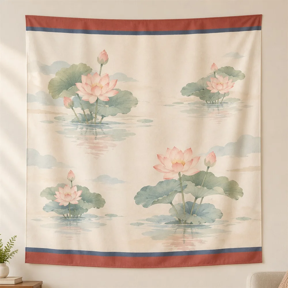 VIKAMA Lotus Pond Clustered Groups Korean Tapestry Wall Hanging, Aesthetic Korean Room Decor Tapestries for Living Room Bedroom
