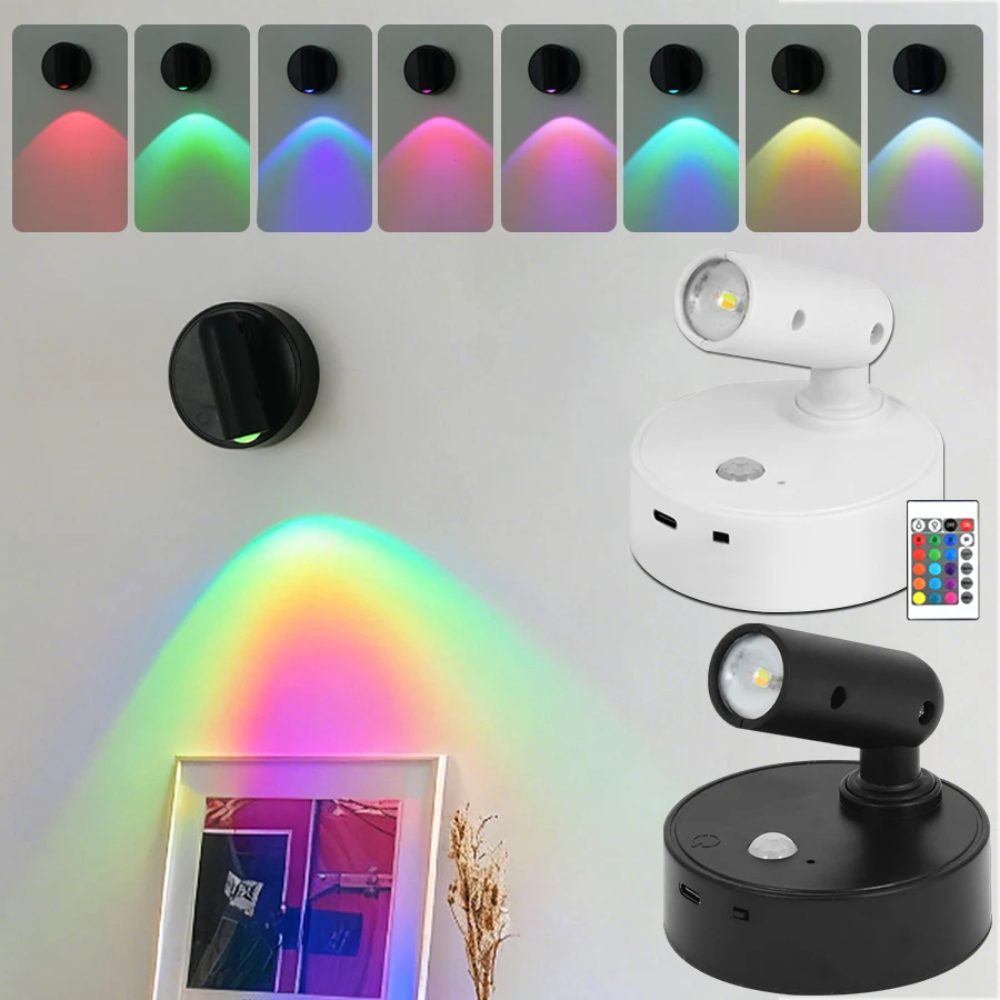 Magnetic LED Wall Light Motion Sensor Dimmable Picture Lights Remote Control Cabinet Spotlight Rechargeable Bedroom Night Lamp