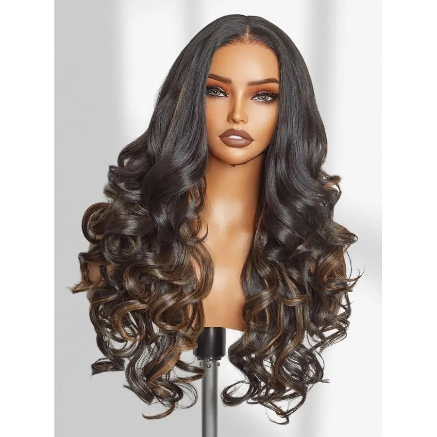 

Brown Highlight Loose Body Wave Lace Front Wig Pre Cut Glueless Synthetic Wig Pre Plucked Pre Bleached Middle Part Closure Wig F