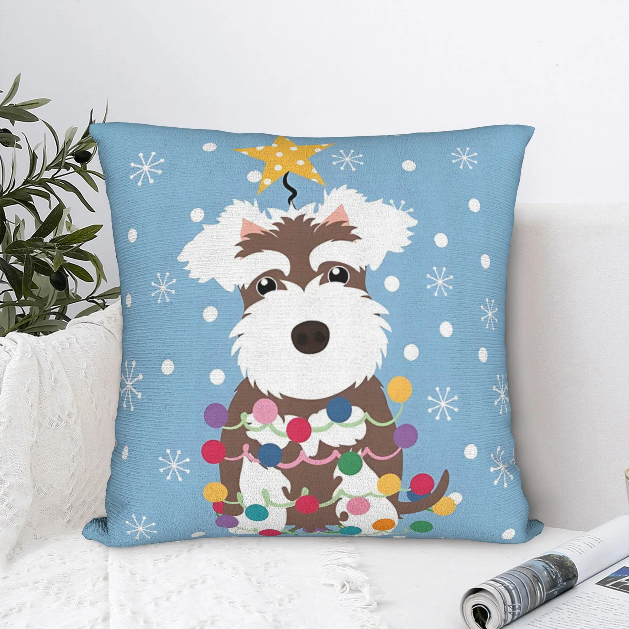 Kawaii Animal Blue Polka Dots and Schnauzer Christmas Tree Hug Pillowcase Backpack Cojines Polyester Woven, Machine Washable