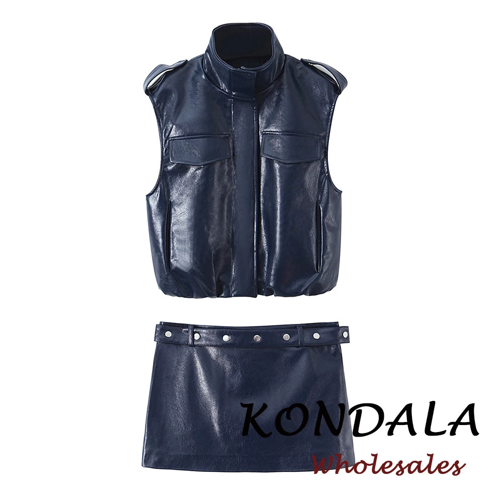 

KONDALA 2026 Весенний синий женский винтажный костюм из искусственной кожи: прямой жилет с карманами на молнии + мини-юбка-футляр с поясом, модный женский комплект