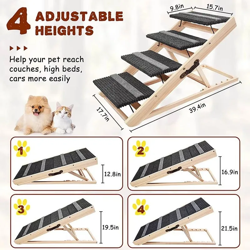 Luxury Portable Folding Adjustable Wooden Dog Ramp Stairs Pet Ladder Lightweight Solid Wood Pet Steps Scratcher