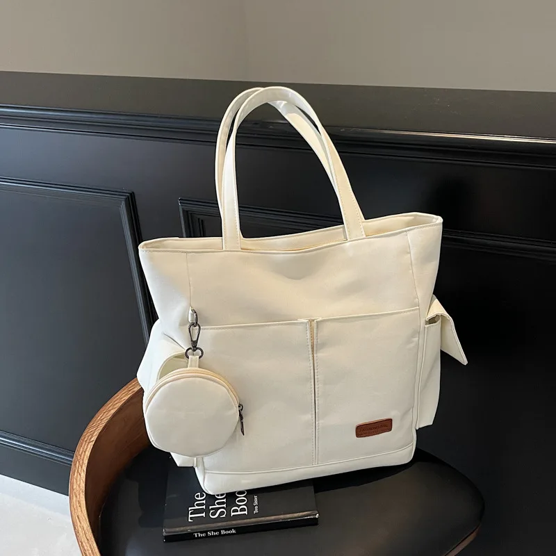 

2025New Commuting Tote Bag for Women, Student Shoulder Bag, Large Capacity Handbag, Solid Color Canvas Bag