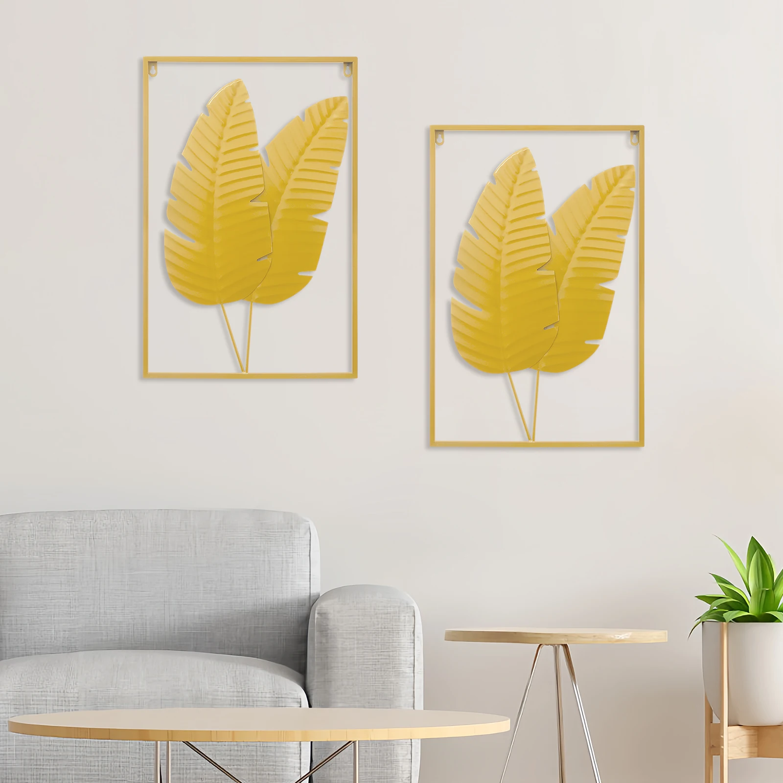 2Pcs Wall Sculptures Modern Style Begonia Leaf Pattern Baking‑Paint Craft Rectangular Hanging Indoor Wall Decorations