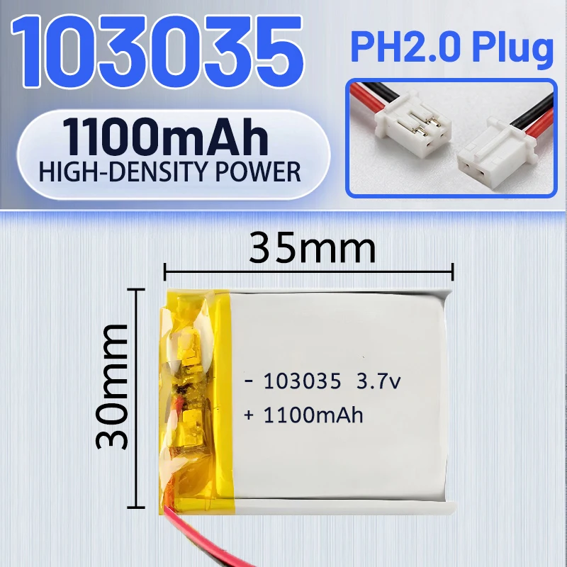 

Rechargeable 103035 polymer lithium battery 3.7V 1100mAh for Bluetooth speakers, smart wearables, GPS trackers