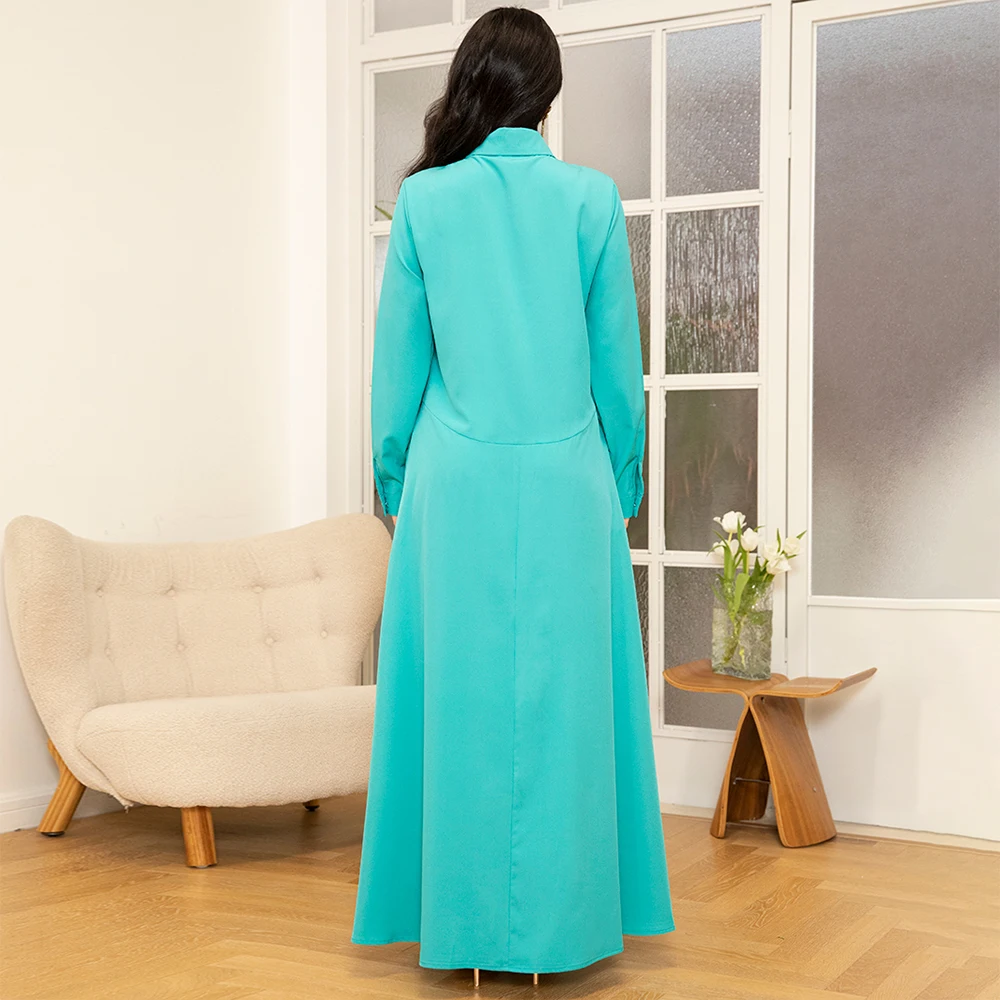 Elegant style Lapel Solid color Pocket Buttons Applique Shirt sleeve Long Dresses