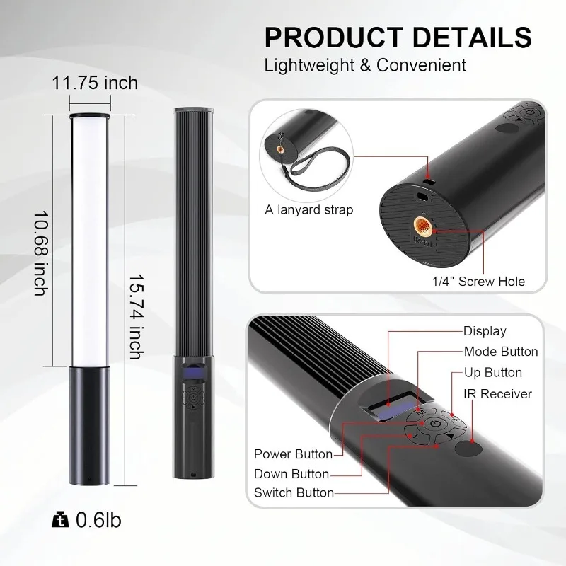 RGB LED Light Wand with Remote Control, Handheld 360°RGB Video Light Wand Stick for Photography, 2500mAh Built-in Rechargable Cu