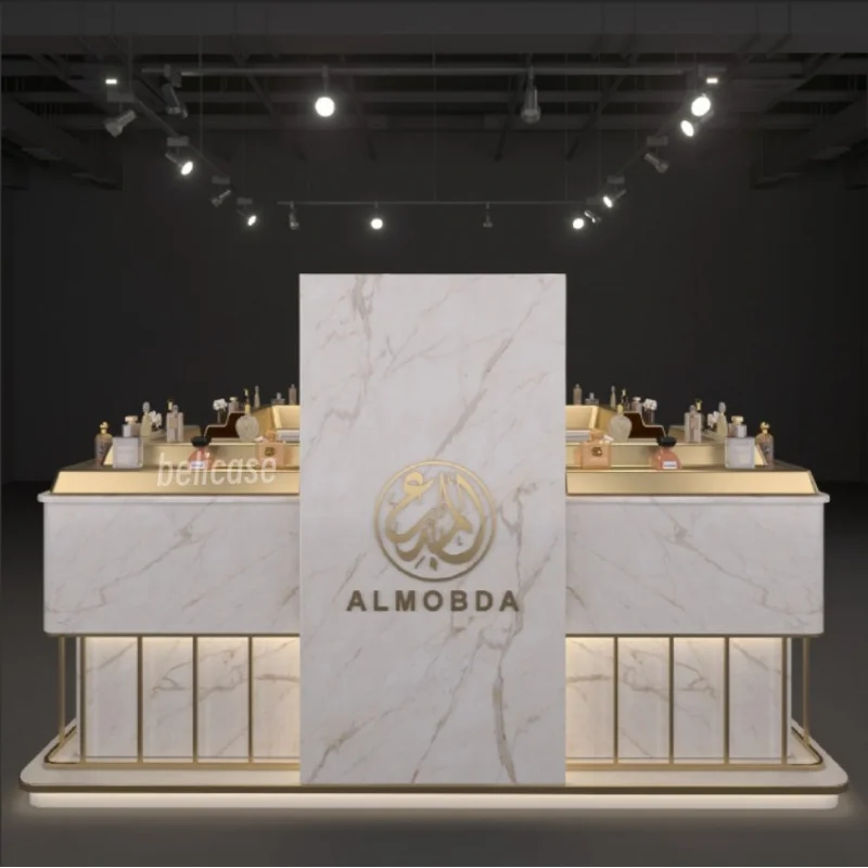 （customized）Arab Style Display Counter Perfume Shop Design Furniture Perfume Display Showcase Golden Shopping Mall Perfume K