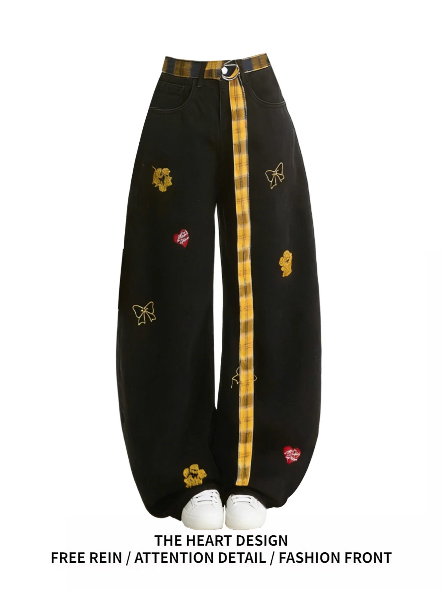 

Retro American Plaid Belted Faux Fur Embroidered Denim Pants Women's High Waist Straight Leg Drapey Wide Leg Spring New Sle