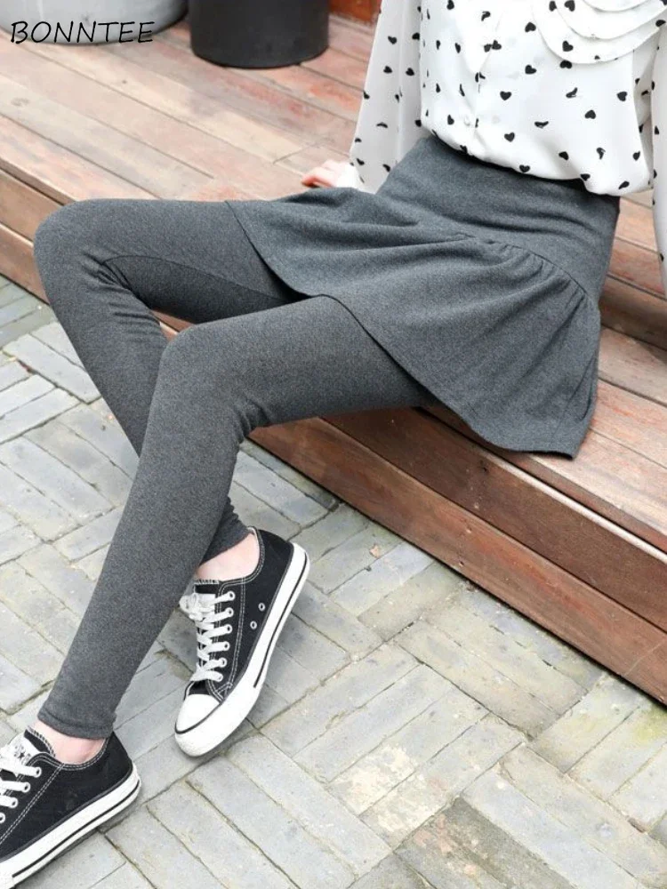 Fake 2 Pcs Leggings Women Slim Plus Velvet Thicker Warm All-match Simple Autumn Winter Ulzzang Fashion High Waist New Pantalones