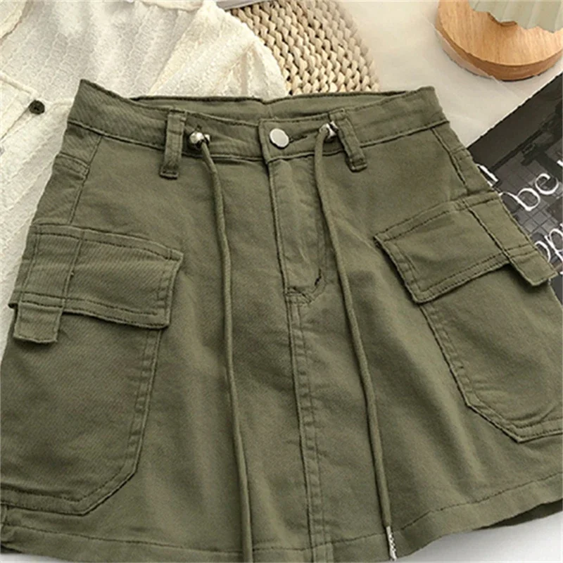 Oversize Pockets Lace-Up Vintage Denim Skirt Summer Loose Casual Solid Mini Skirts Spring Korean Fashion Faldas Women Clothes