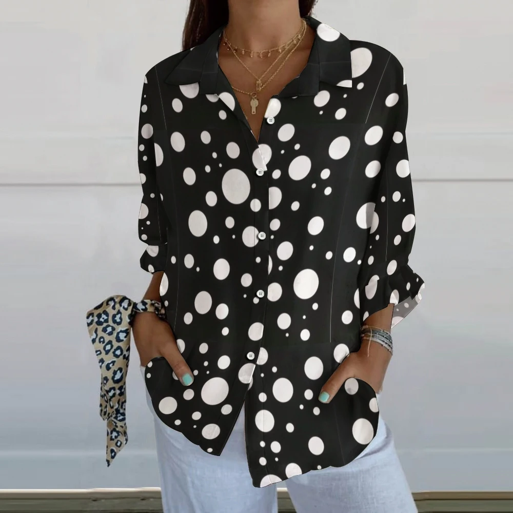 

Black and White Polka Dot Print Casual Women's Lapel Shirt Ins Style Loose V-Neck Long Sleeve Designer New Trend Blouse