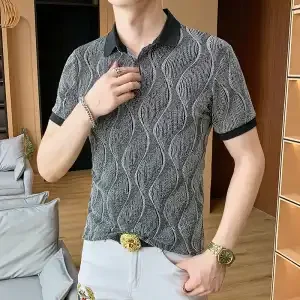 Men's Slim Fit Wave Textured Polo Shirt Short Sleeve Ice Silk Breathable Turn-down Collar Casual Summer Top