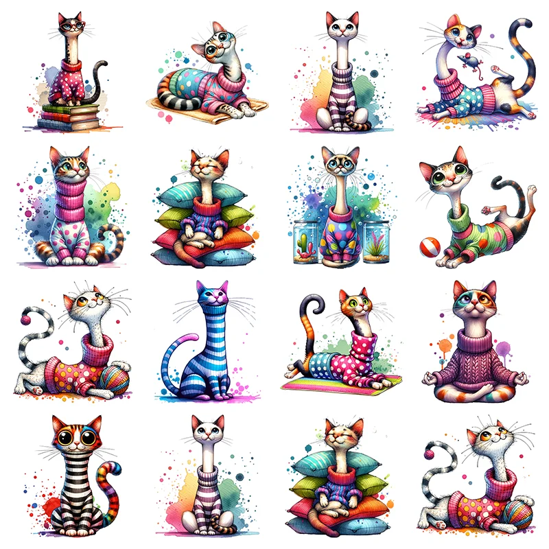Cartoon colored sweater cat Set Heat Transfer Vinyl Iron On Stickers for Doll Clothes T-shirt DIY Craft Decoration