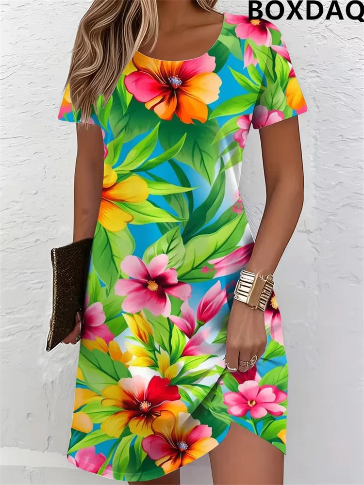 Round Neck Short Sleeved Women's Dresses Summer Seaside Tropical 3D Flower Pattern Printed Casual Loose Vacation A-Line Dress