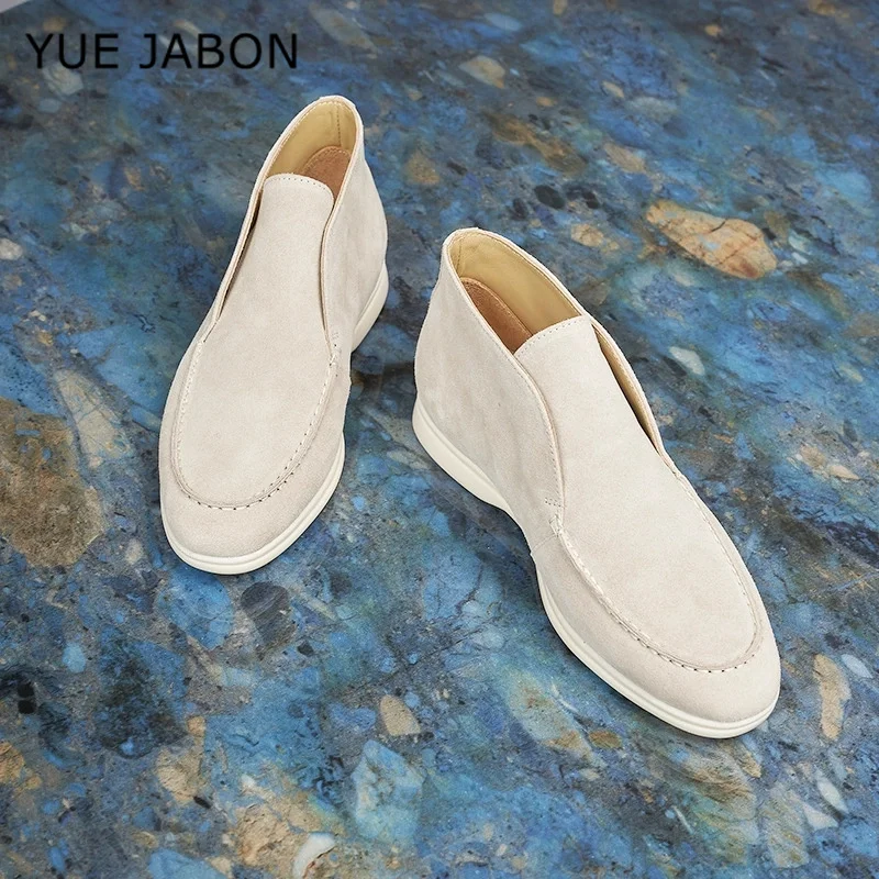 High-Top Comfortable Black Men's Casual Shoes Coffee Lightweight Real Leather Slip-On Lazy Rubber Outsole Cow Suede Upper Shoes