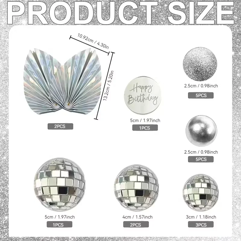 19-teiliges Set Spiegel-Silberkugel Tortendekoration, Glitzer-Silber Schaumstoffkugeln für Disco-Geburtstagsfeiern und Hochzeitstorten – Detail 2