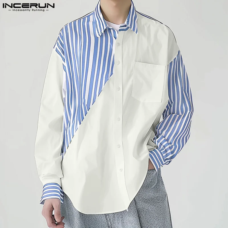 

INCERUN Tops 2024 Korean Style Men's Striped Patchwork Contrast Shirts Casual Streetwear Personality Long Sleeved Blouse S-5XL