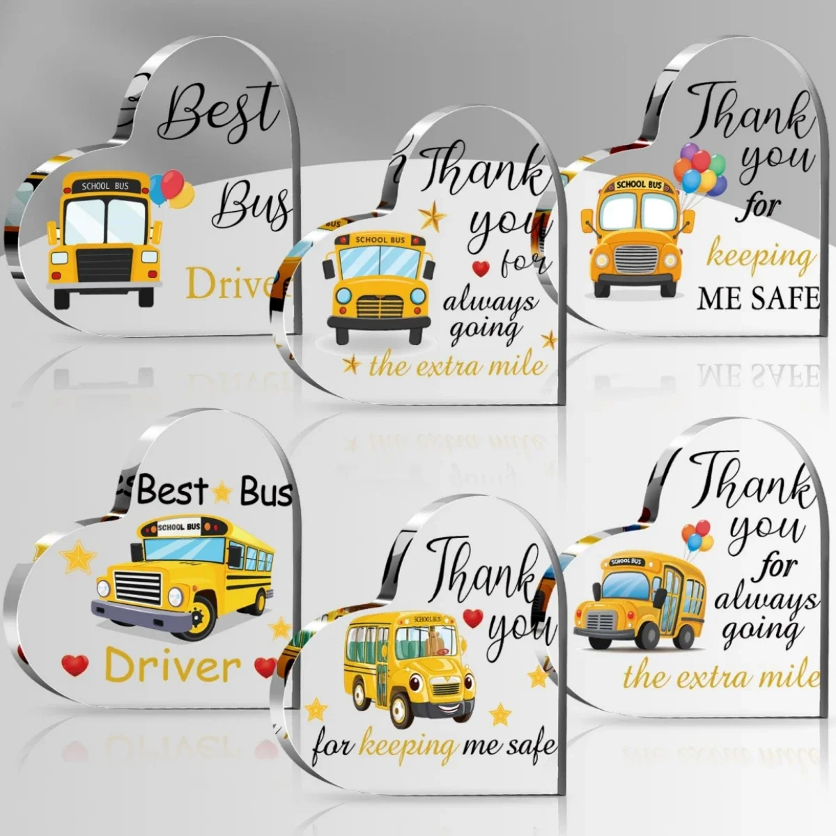 Cute Bus Print Clear Acrylic Heart Plaque Durable School Driver Appreciation Gifts for Women Men Retirement Farewell Desk Decor