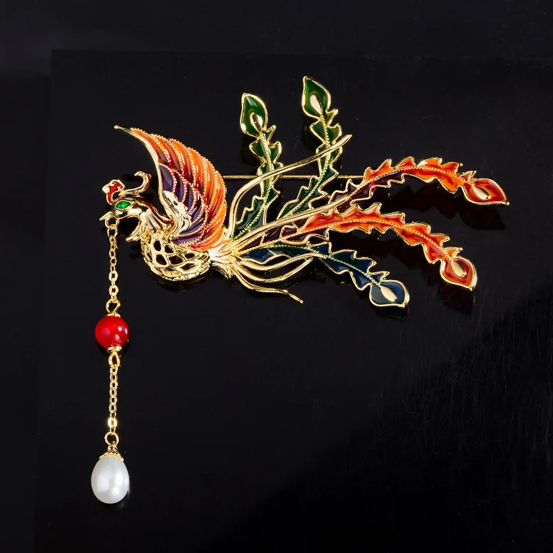 

1/2Pcs Fashion Enamel Drop Oil Phoenix Brooch for Women Pearl Tassels Trendy Brooch Coat Dress Lapel Pins Wedding Party Gifts