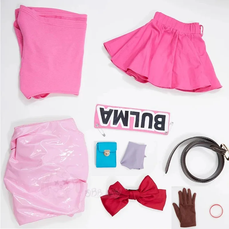 Anime Bulma Cosplay Costume Wig Women Short T-shirt Sexy Leather Bodysuit Headwear Scarf Belt Bag Set Halloween Carnival Clothes