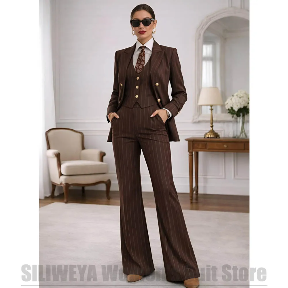 Chic Striped Women's Suit 3 Piece Double Breasted Blazer Vest Flared Pants Formal Business Office Wedding Party Lady Tuxedo
