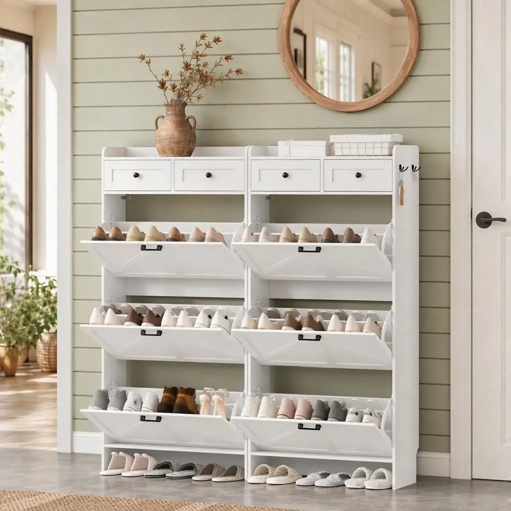White Shoe Cabinet 2-Pack 3 Tip-Out Drawers 9.25