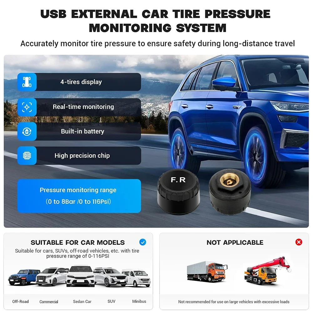 USB TPMS Car Tire Pressure Alarm Monitor System Temperature Warning Sensors Tire Gauge For Android Navigation Player Display