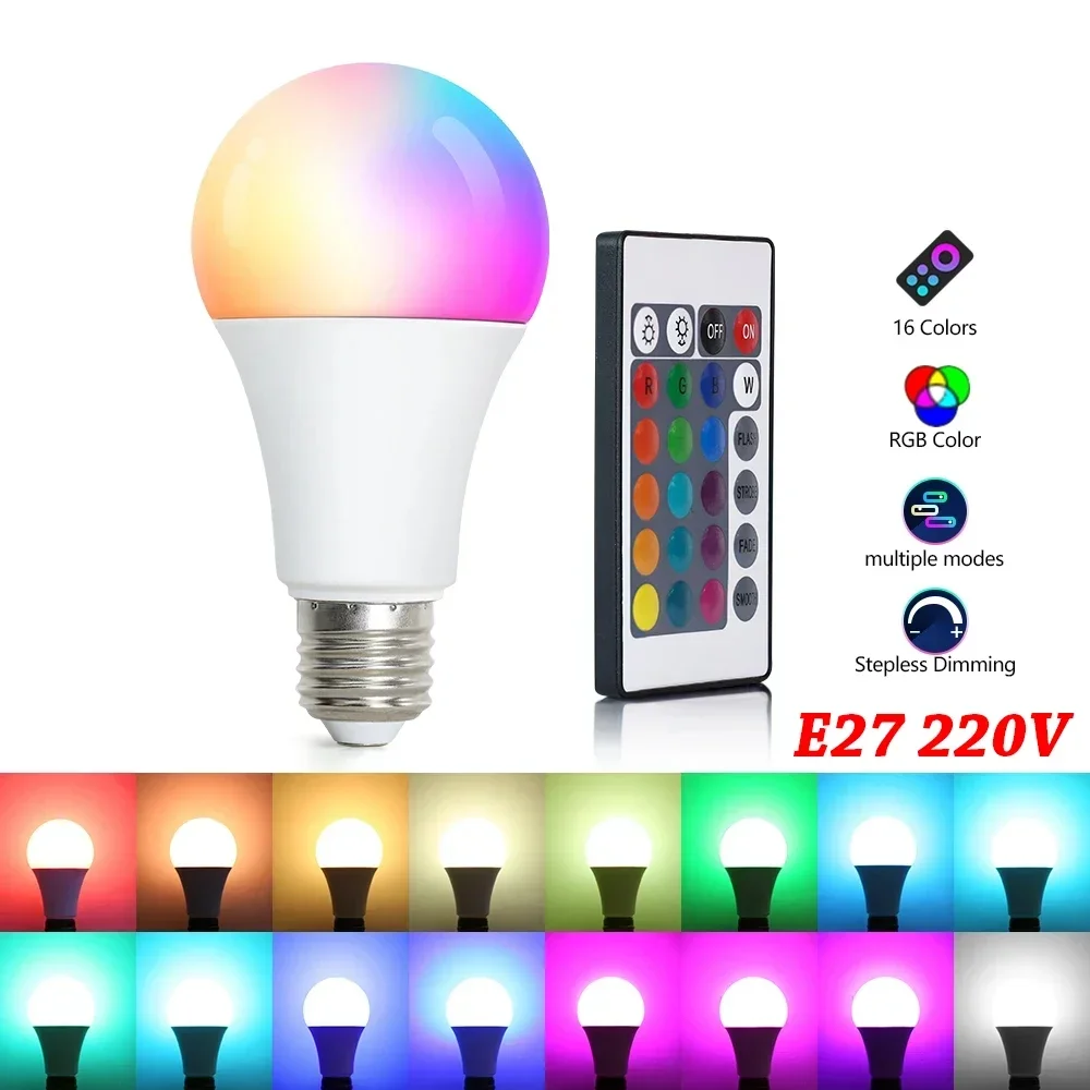 NEW 16 Colors RGB Bulb LED Multicolor Bulb E27 Base 220V Household Lighting Dimmable 24 Key Remote Control Atmosphere Neon Light