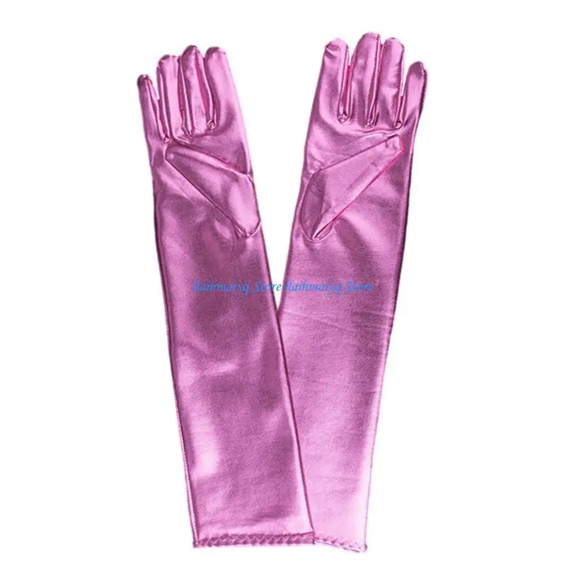 

573B Women Faux Leather Metallic Gloves Sparkly Wetlook 17inch Elbow Length Gloves