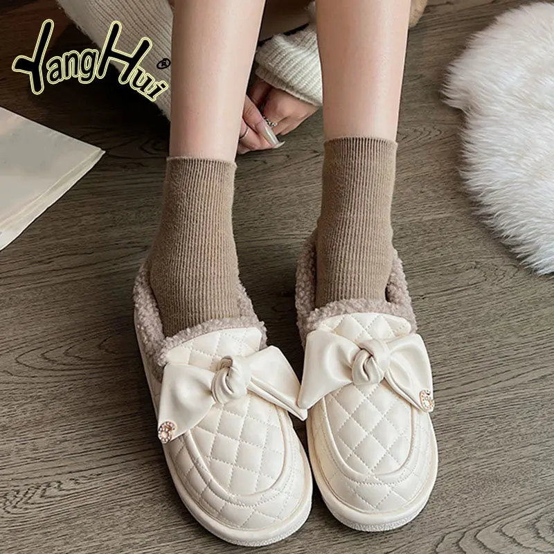 Plus Velvet Keep Warm Bow Flat Indoor Floor Flats 2023 New Fashion Autumn Winter Retro Concise Pu Women\'s Vulcanize Shoes