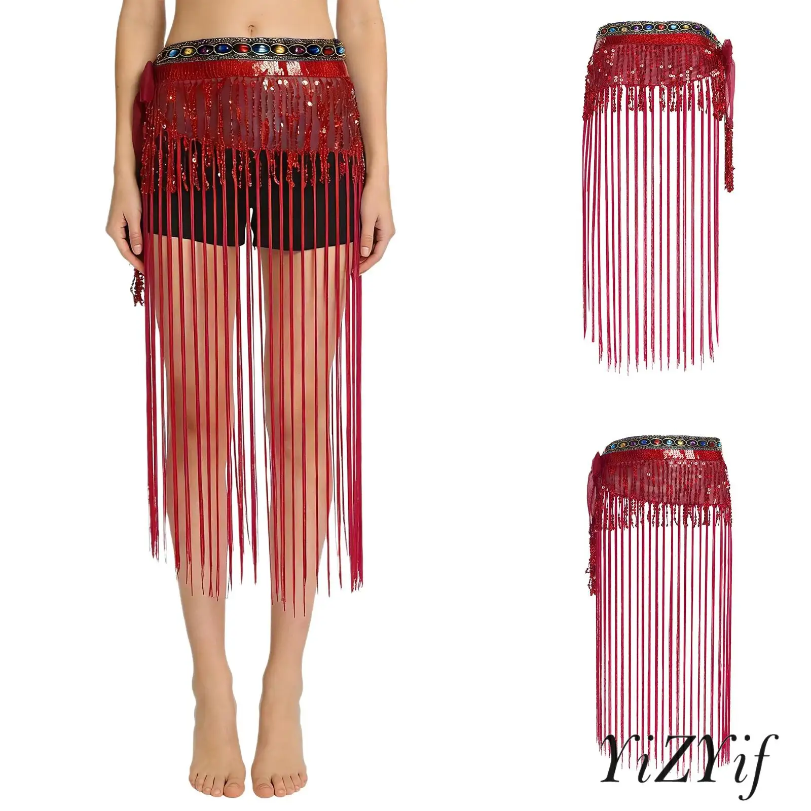 

Womens Belly Dance Fringed Miniskirts India Dance Hip Scarf Colorful Gem Decor Waistband Tiered Sequin Tassel Waist Chain Skirt