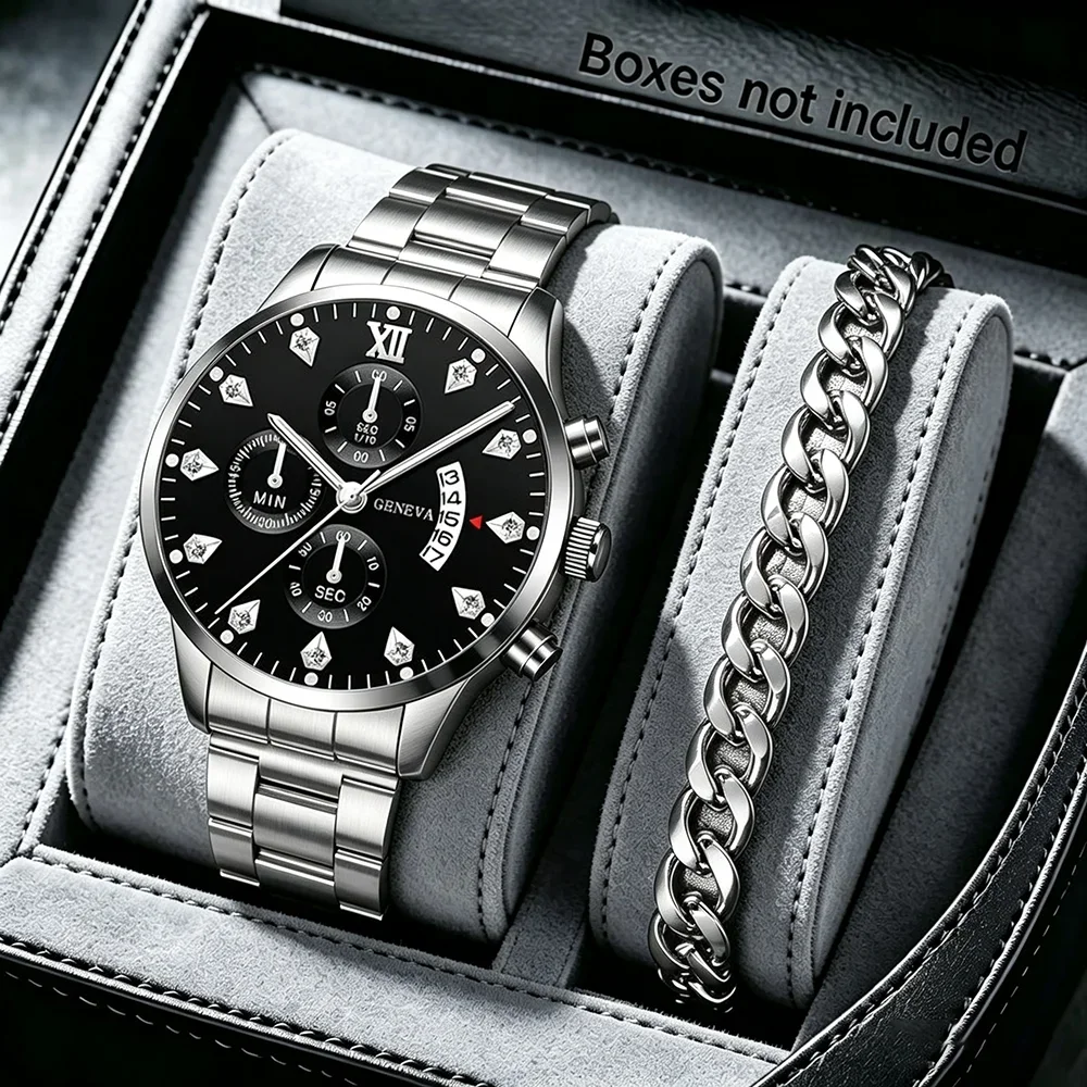 2Pcs Men's Quartz Watch Set, Men's Watch & Bracelet. Great Gift for Him, Suitable for Daily Casual Wear or Special Occasions
