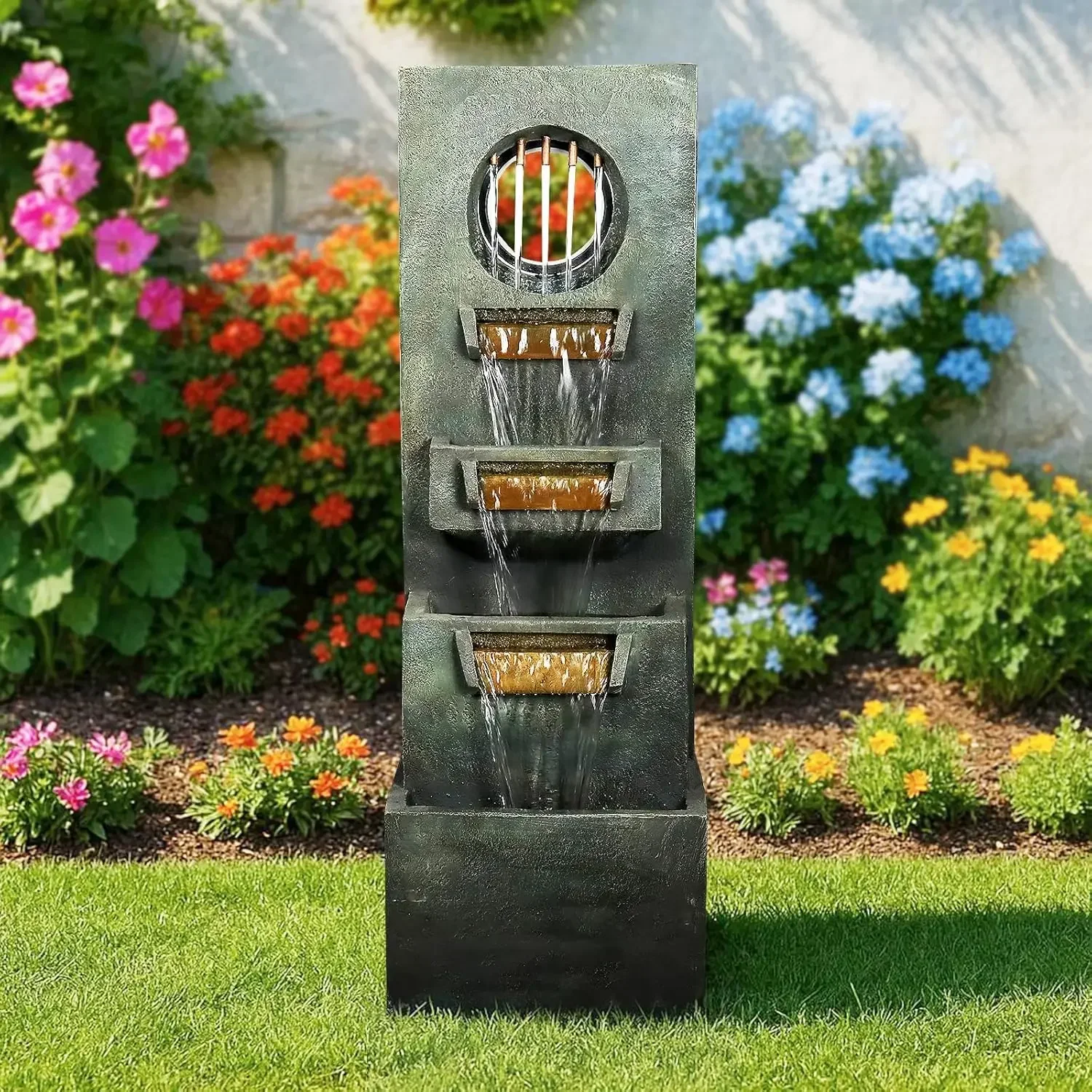 39.3” H Modern Outdoor Fountain - 4-Tiered Outdoor Garden Fountains with Contemporary Design&LED Light for Garden, Patio, Deck,
