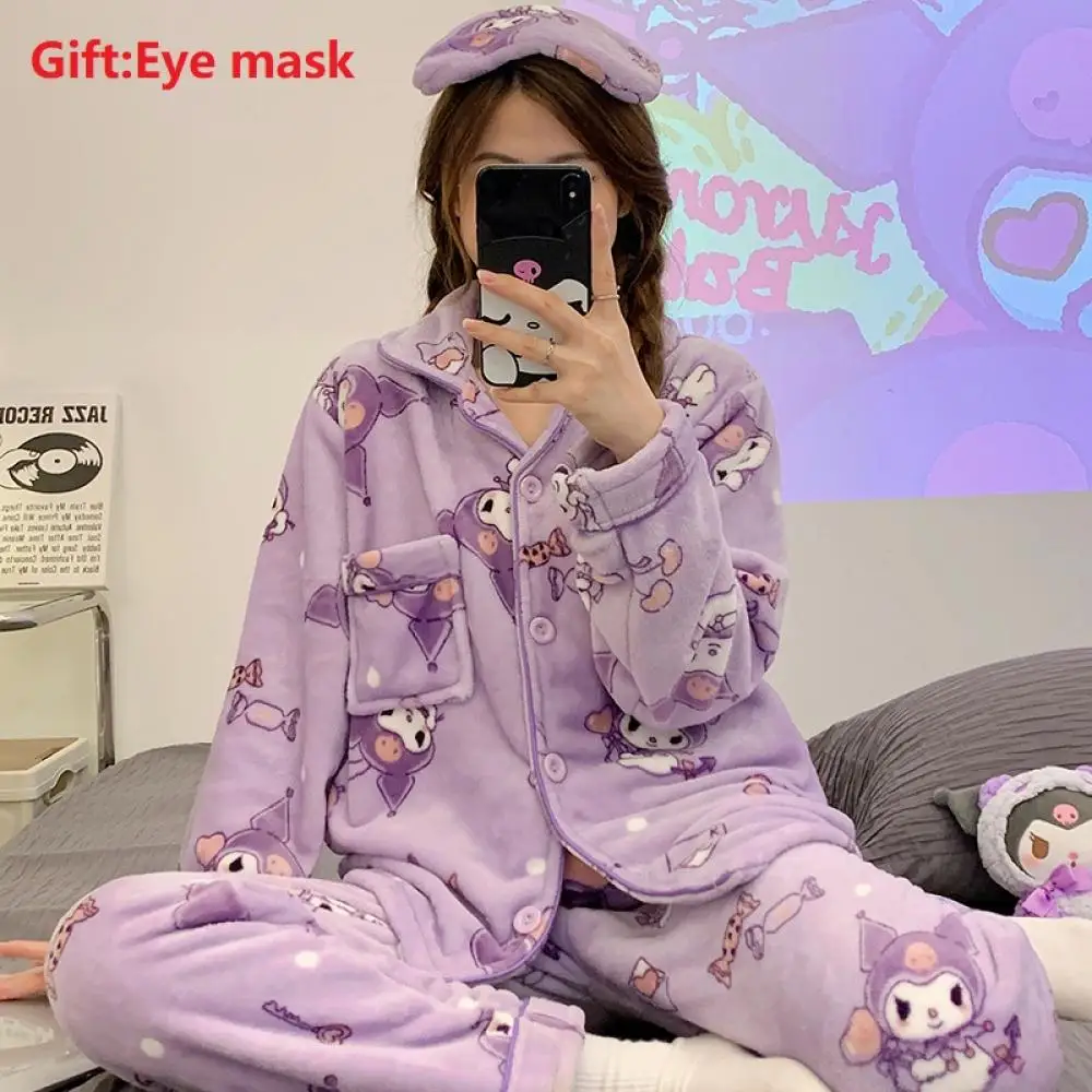 Cartoon My Melody 2Pcs Plush Pajamas Set Hello Kitty Sanrioed Women Coral Velvet Pajamas Kawaii Autumn Homewear Thicken Girls