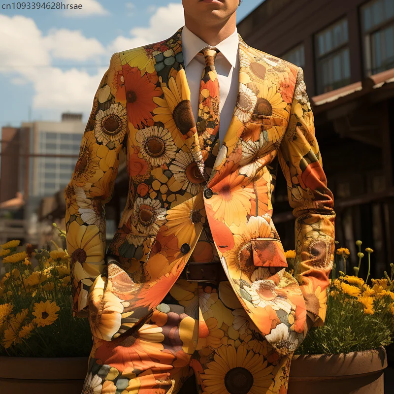Мужские повседневные костюмы с принтом подсолнухов, пальто, брюки, красочный гелиантус, вечерние костюмы для косплея, сценический костюм для ночного клуба