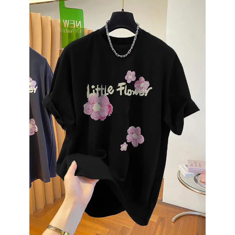 

2024 Spring Summer Loose New Trendy Women's Pure Cotton Slim Short Sleeve T-shirts Chic Letter Printing Round Neck Casual Tops