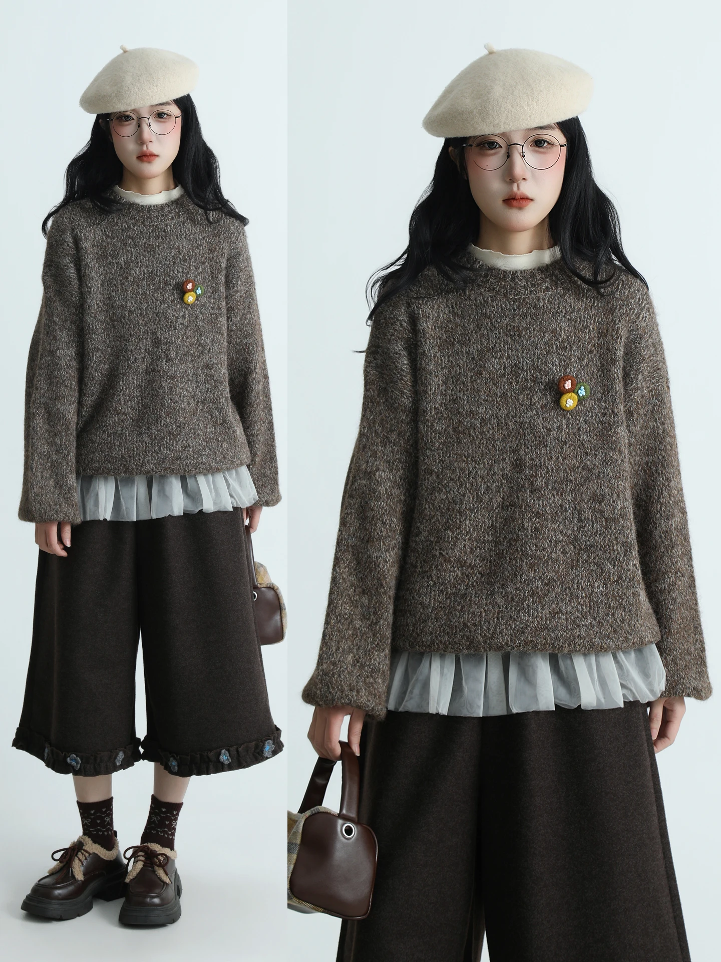 

Boeren Women's Knitted Sweater round Ne Loose Fit Versatile Slimming Top Winter New Sle Japanese Artistic Casual Faion