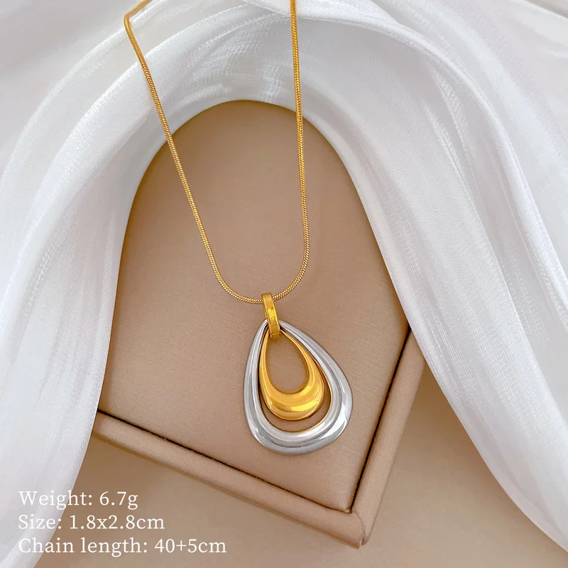Double-layer 2 Tone Droplet Personality Minimalist Stainless Steel Gold Plated Water Drop Pendant Snake Chain Necklace for Women