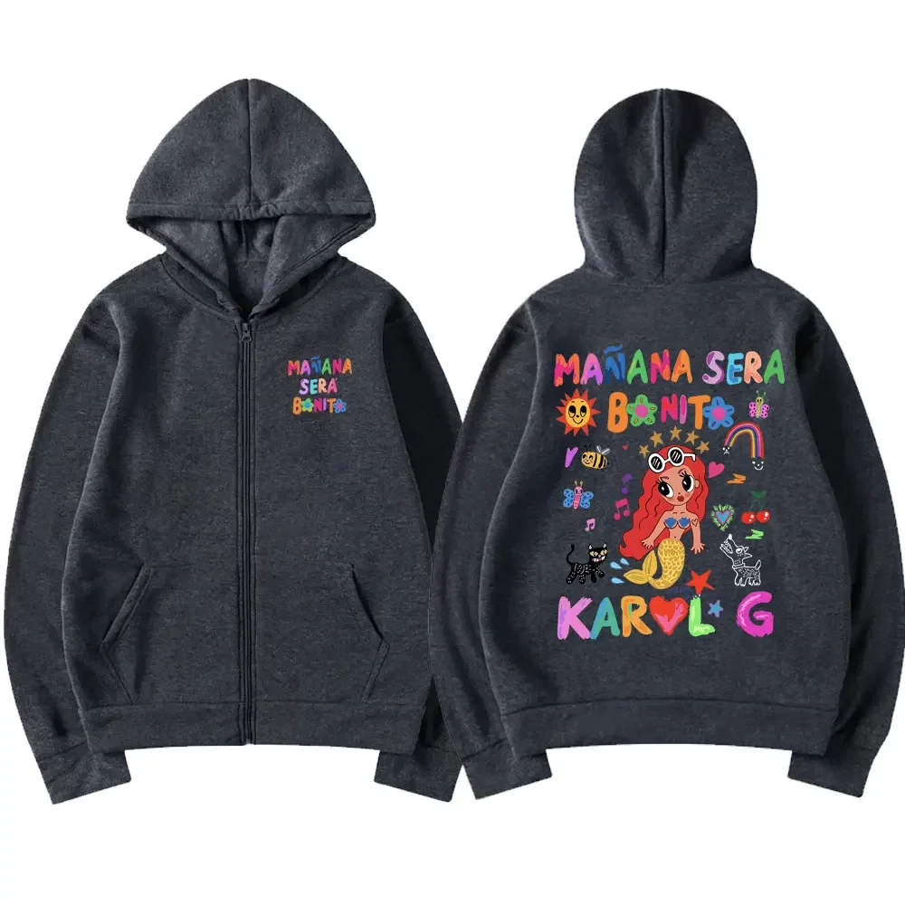 Singer Singer Karol G Heart Mañana Sera Bonito Print Zipper Hoodie Men Women Hip Hop Oversized Jacket New Cartoon Music Hoodies
