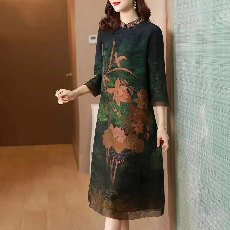 Indie Folk Vintage Silk Midi Floral Dress Oversized Spring Summer Short Sleeve Dresses Elegant Female Casual Gauze Pullover Robe